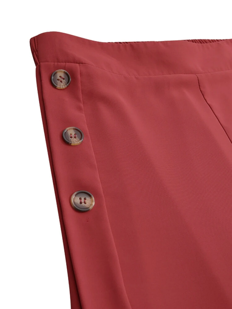 (image for) ZANZEA Plus Size Women Pants Solid Color Side Button Elastic Waist Loose Casual Wide Leg Pants With No Pocket