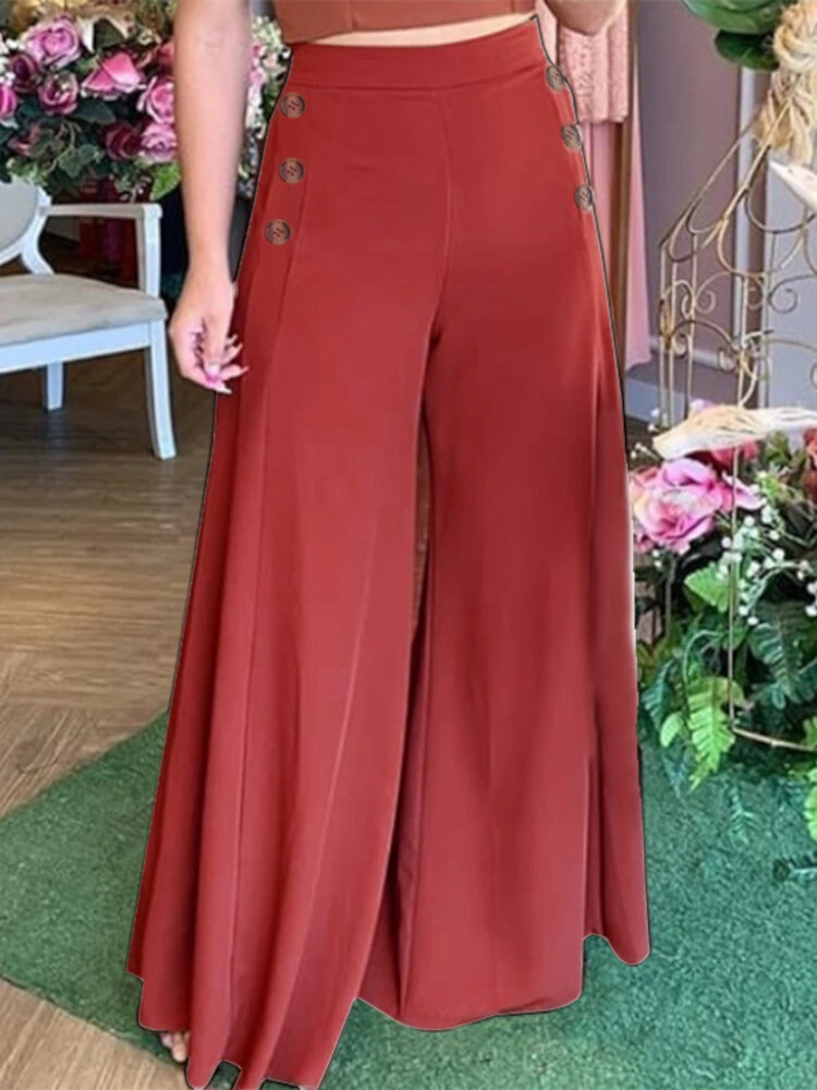 (image for) ZANZEA Plus Size Women Pants Solid Color Side Button Elastic Waist Loose Casual Wide Leg Pants With No Pocket