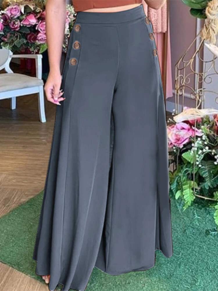 (image for) ZANZEA Plus Size Women Pants Solid Color Side Button Elastic Waist Loose Casual Wide Leg Pants With No Pocket