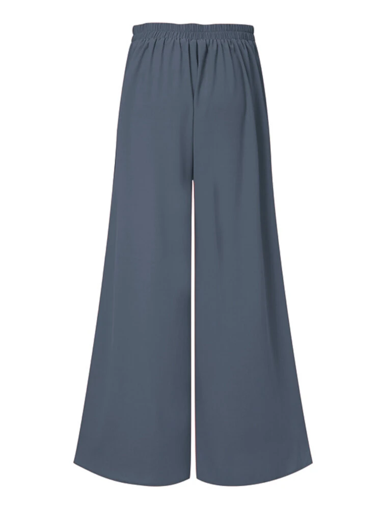 (image for) ZANZEA Plus Size Women Pants Solid Color Side Button Elastic Waist Loose Casual Wide Leg Pants With No Pocket