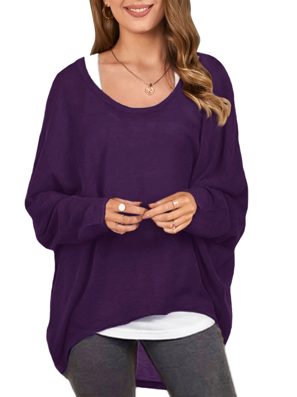(image for) ZANZEA Plus Size Womens T-shirt Long Bat Sleeve Round Neck Loose Solid Color Pullover Plus Size Casual Shirt T-shirt