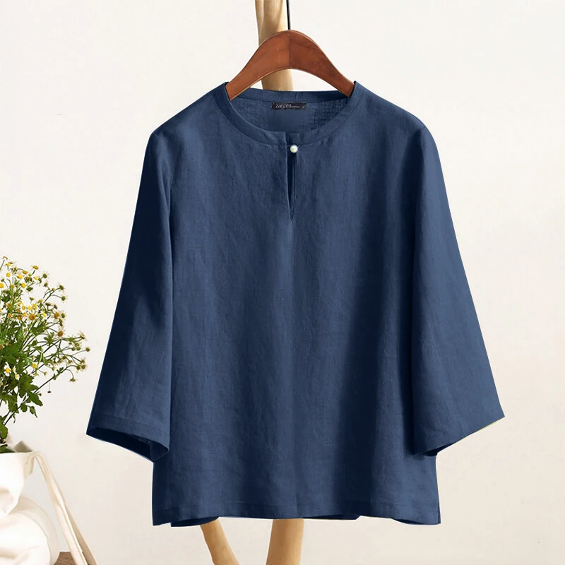 (image for) ZANZEA Women Button Summer O-Neck 3/4 Sleeve Solid Blouses Casual Cotton Linen Shirts for Women Loose Fit