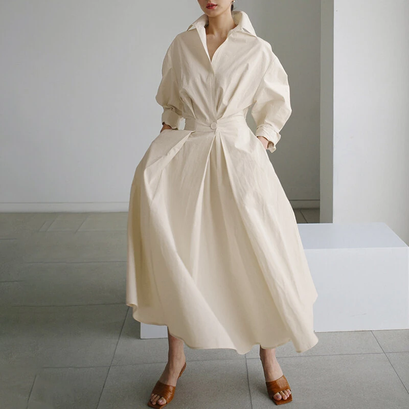 (image for) ZANZEA Women Fashion Autumn Sundress Elegant Women Lapel Neck Long Sleeve Solid OL Vestidos Robe Femme Long Shirt Dress Oversized