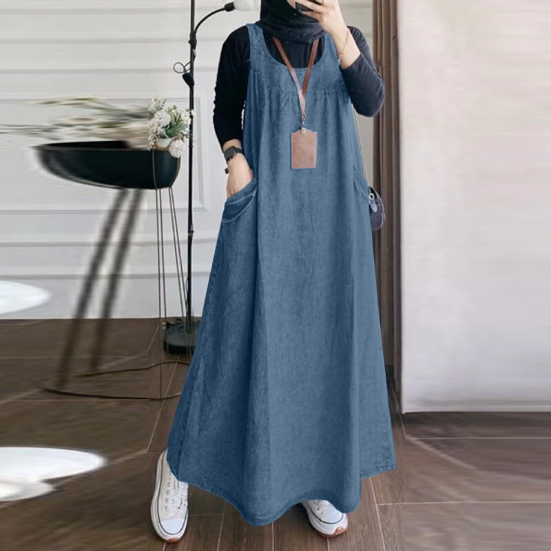 (image for) ZANZEA Women Fashion Denim Overalls Dress Summer Sleeveless Casual Loose Sundress Solid Color Maxi Dress With Pockets