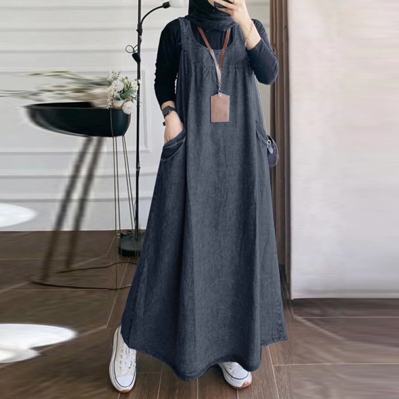 (image for) ZANZEA Women Fashion Denim Overalls Dress Summer Sleeveless Casual Loose Sundress Solid Color Maxi Dress With Pockets