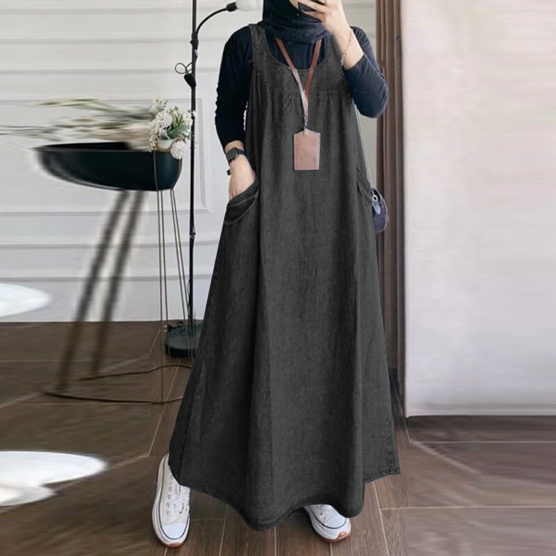 (image for) ZANZEA Women Fashion Denim Overalls Dress Summer Sleeveless Casual Loose Sundress Solid Color Maxi Dress With Pockets