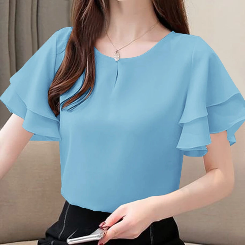 (image for) ZANZEA Women Fashion Short Sleeve Ruffles Blouse Elegant Office OL Shirt Casual O Neck Solid Tops