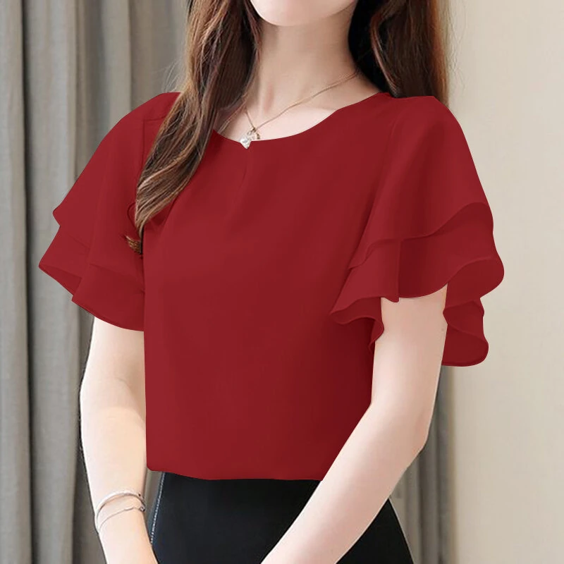 (image for) ZANZEA Women Fashion Short Sleeve Ruffles Blouse Elegant Office OL Shirt Casual O Neck Solid Tops
