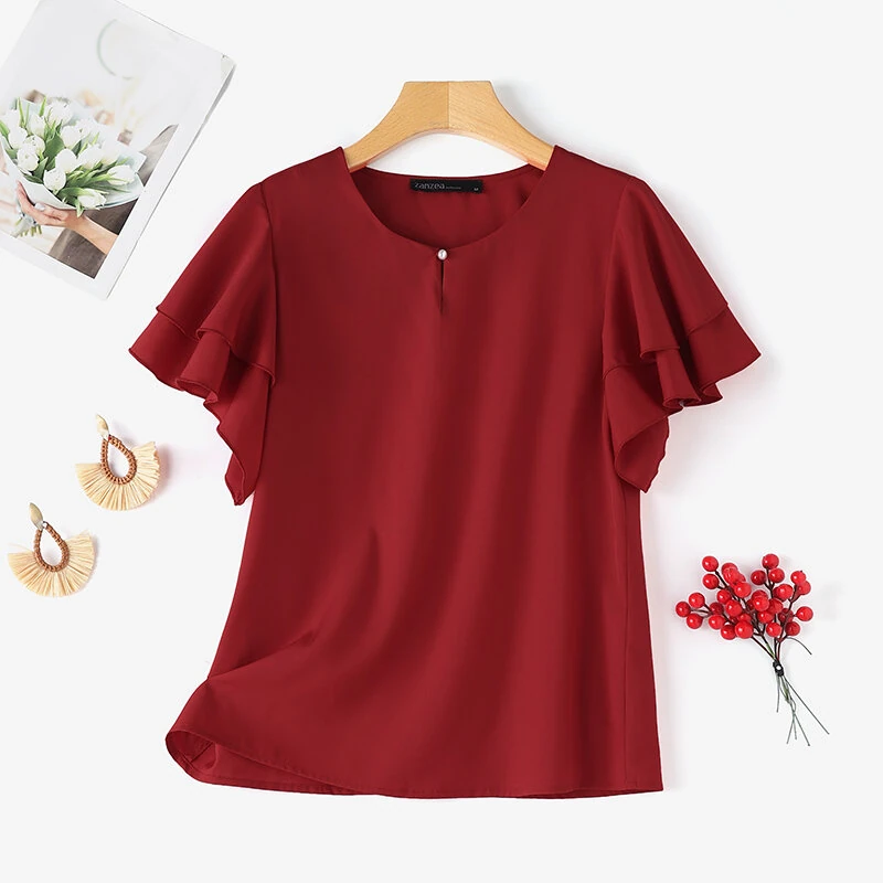 (image for) ZANZEA Women Fashion Short Sleeve Ruffles Blouse Elegant Office OL Shirt Casual O Neck Solid Tops