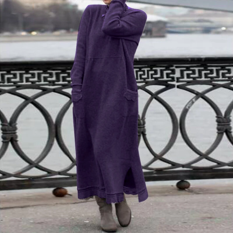 (image for) ZANZEA Women Long Sleeved Long Dress with Side Pockets Lace Patchwork Casual Long Maxi Dress for Spring Fall
