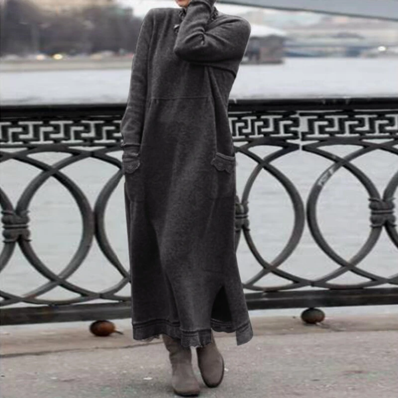 (image for) ZANZEA Women Long Sleeved Long Dress with Side Pockets Lace Patchwork Casual Long Maxi Dress for Spring Fall