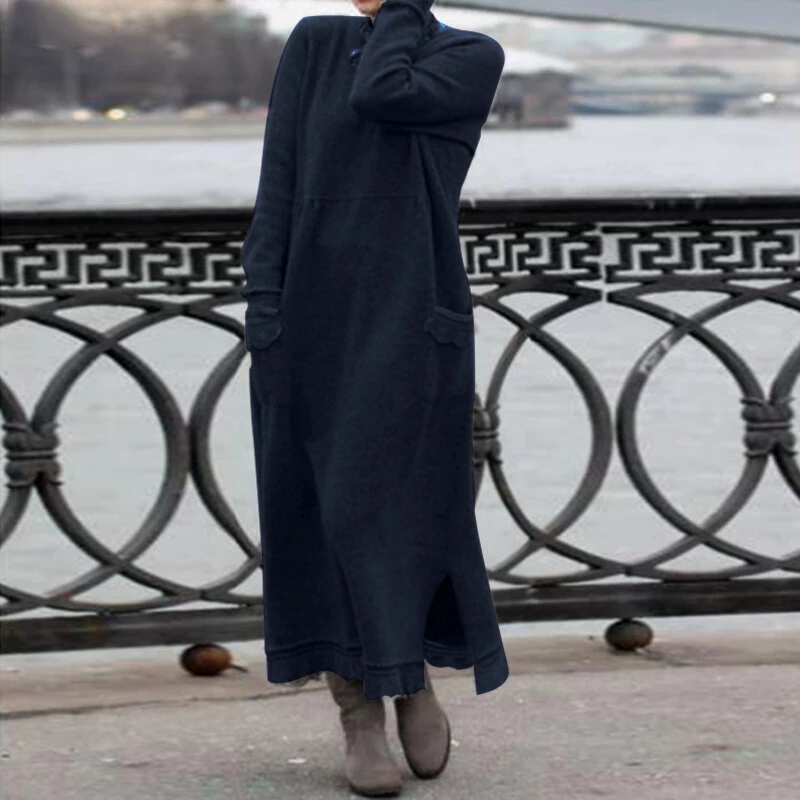 (image for) ZANZEA Women Long Sleeved Long Dress with Side Pockets Lace Patchwork Casual Long Maxi Dress for Spring Fall
