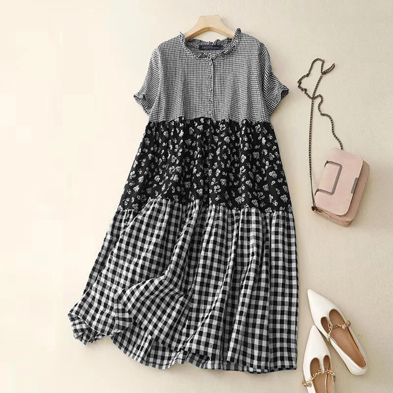 (image for) ZANZEA Women Loose Patchwork Check Floral Dress Stylish Short Sleeve Pleated Crew Neck Shirt Dress for Women Plus Size