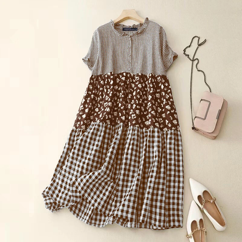 (image for) ZANZEA Women Loose Patchwork Check Floral Dress Stylish Short Sleeve Pleated Crew Neck Shirt Dress for Women Plus Size