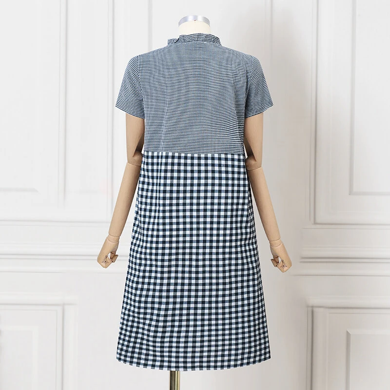 (image for) ZANZEA Women Loose Patchwork Check Floral Dress Stylish Short Sleeve Pleated Crew Neck Shirt Dress for Women Plus Size