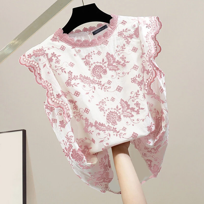 (image for) ZANZEA Women Patchwork Lace Print Loose Fit Tank Top Comftable Sleeveless Floral Vest Summer Daily Top for Women