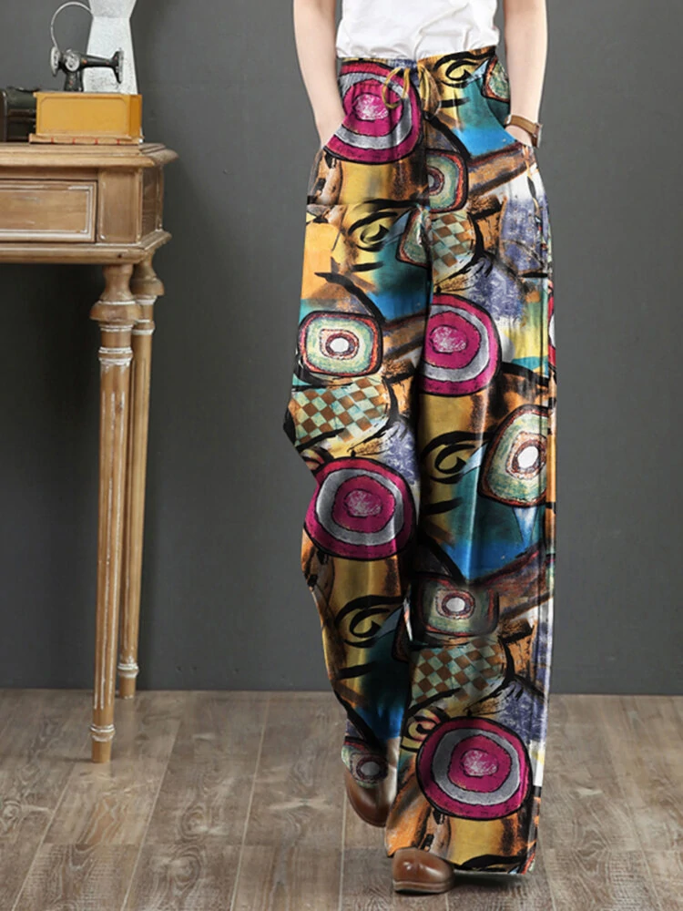 (image for) ZANZEA Women Plus Size Flared Wide-Leg Floral Printed Retro Side Pockets Pants