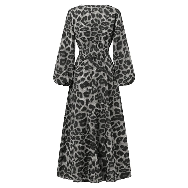 (image for) ZANZEA Women Plus Size Leopard Print Long Dress V-Neck Puff Sleeve Lace-Up Maxi Dress For Women