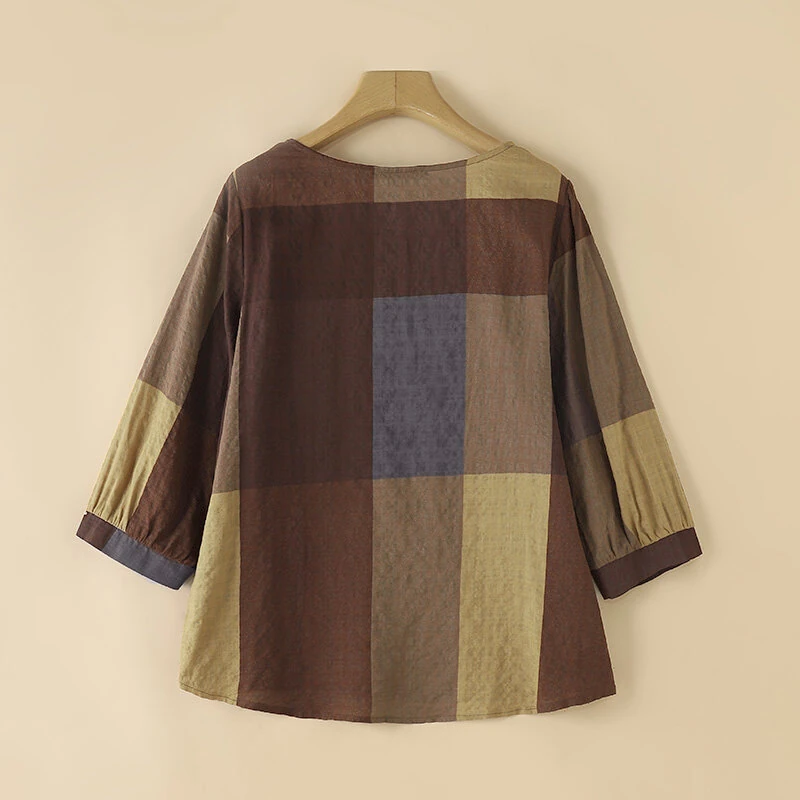 (image for) ZANZEA Women Retro Casual 3/4 Sleeve O Neck Shirt Top Plaid Loose Summer Ladylike Blouses