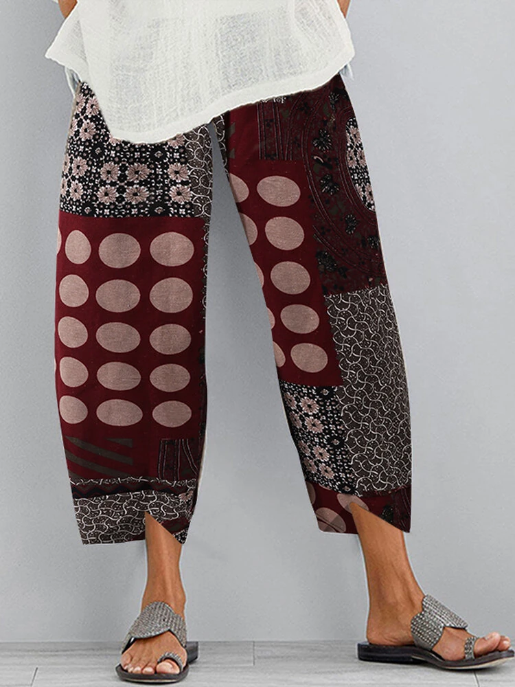 (image for) ZANZEA Women Retro Floral Print Pants Elastic Waist Irregular Hem Casual Pants with Pockets Summer Comfy Cropped Trousers