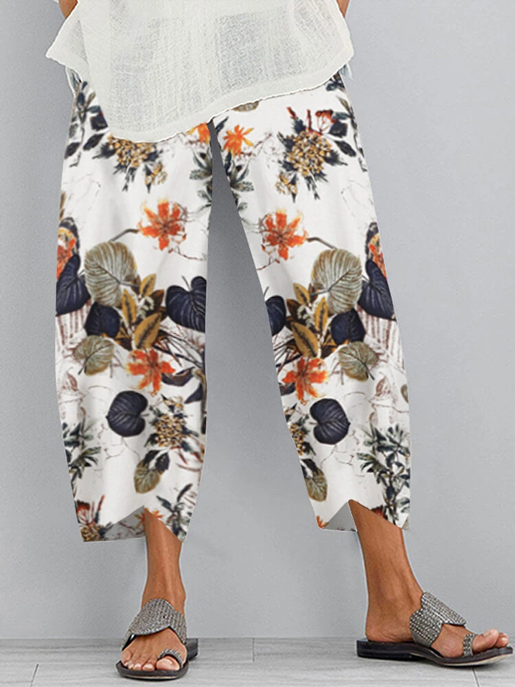 (image for) ZANZEA Women Retro Floral Print Pants Elastic Waist Irregular Hem Casual Pants with Pockets Summer Comfy Cropped Trousers