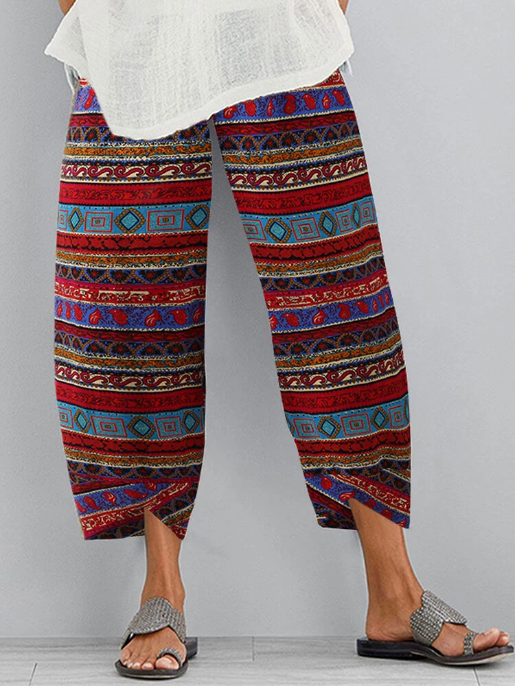 (image for) ZANZEA Women Retro Floral Print Pants Elastic Waist Irregular Hem Casual Pants with Pockets Summer Comfy Cropped Trousers