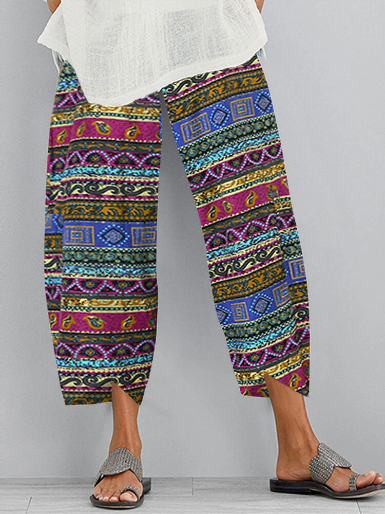 (image for) ZANZEA Women Retro Floral Print Pants Elastic Waist Irregular Hem Casual Pants with Pockets Summer Comfy Cropped Trousers