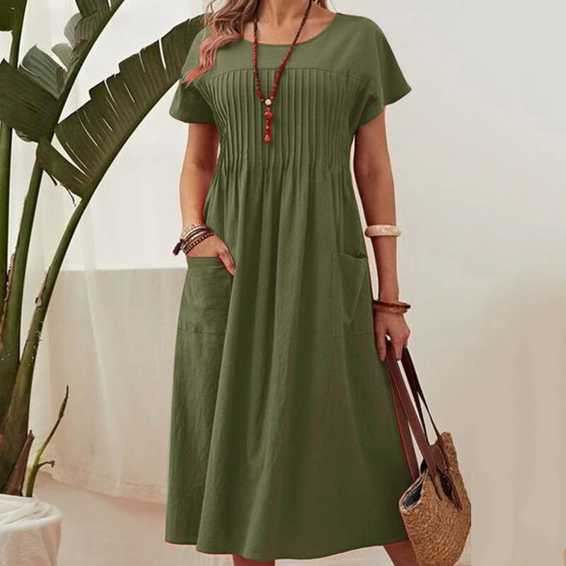 (image for) ZANZEA Women Short Sleeve Pleated Party Long Dress Casual Loose Sundress Maxi Dress with Pockets