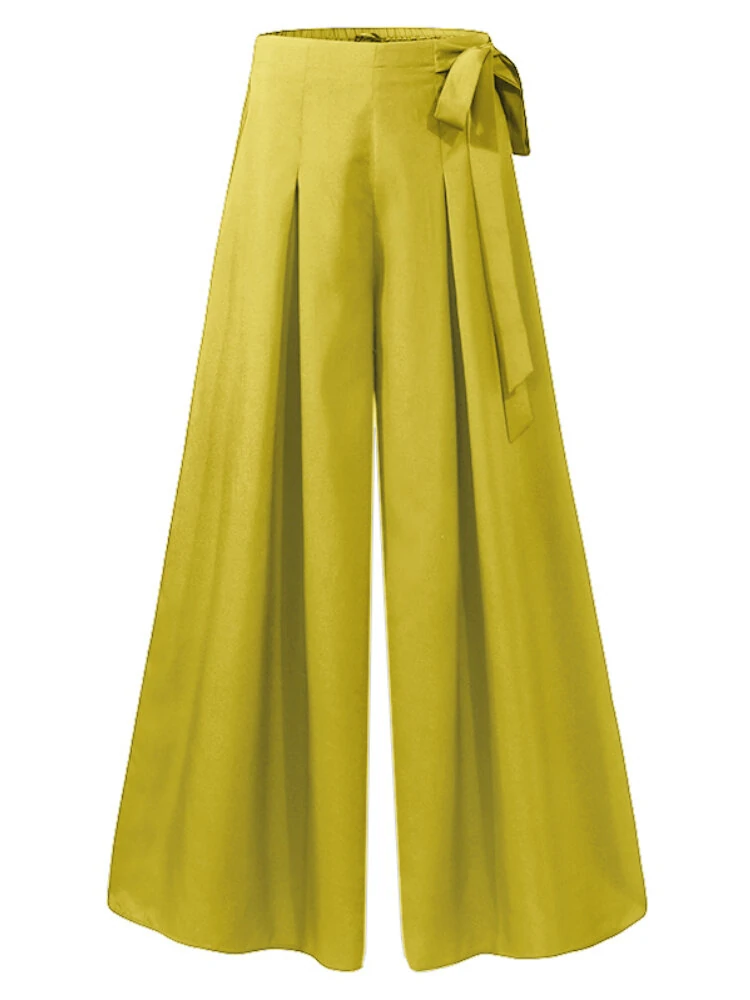 (image for) ZANZEA Women Solid Color Bowknot Pleated Loose Casual Wide Leg Pants