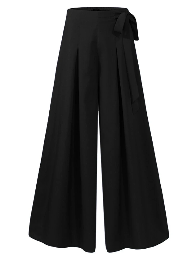 (image for) ZANZEA Women Solid Color Bowknot Pleated Loose Casual Wide Leg Pants