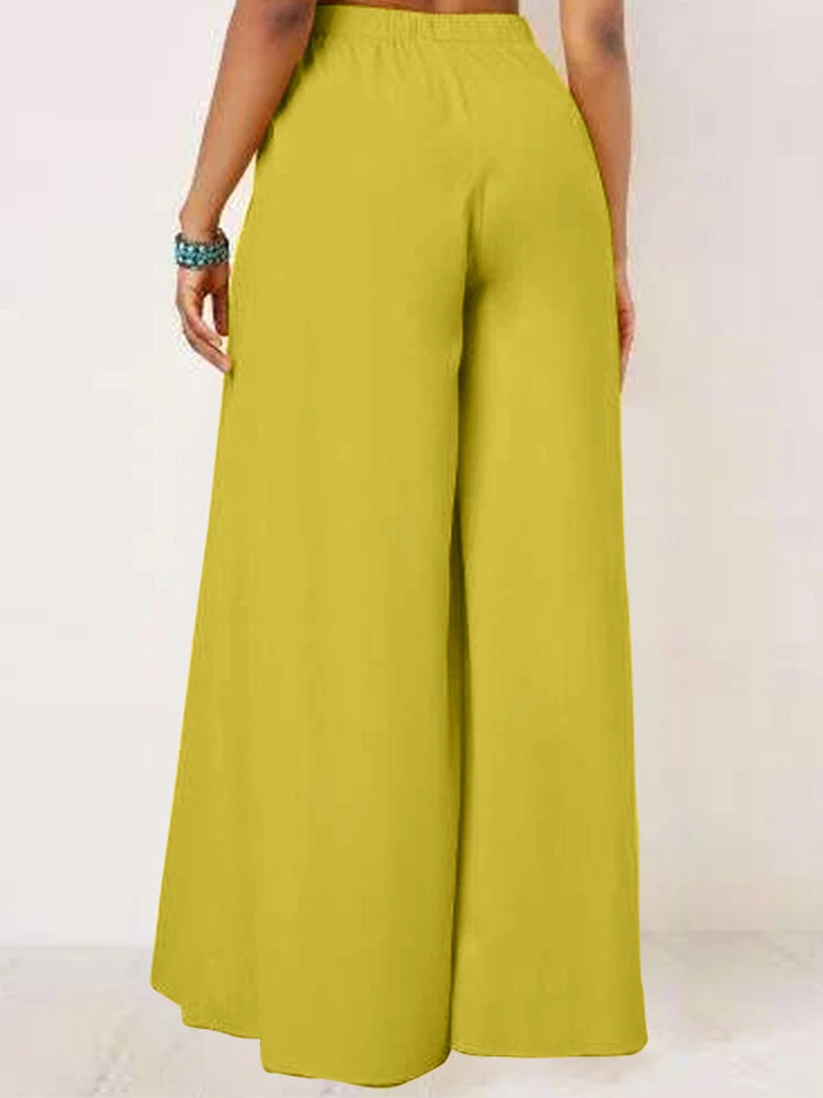(image for) ZANZEA Women Solid Color Bowknot Pleated Loose Casual Wide Leg Pants