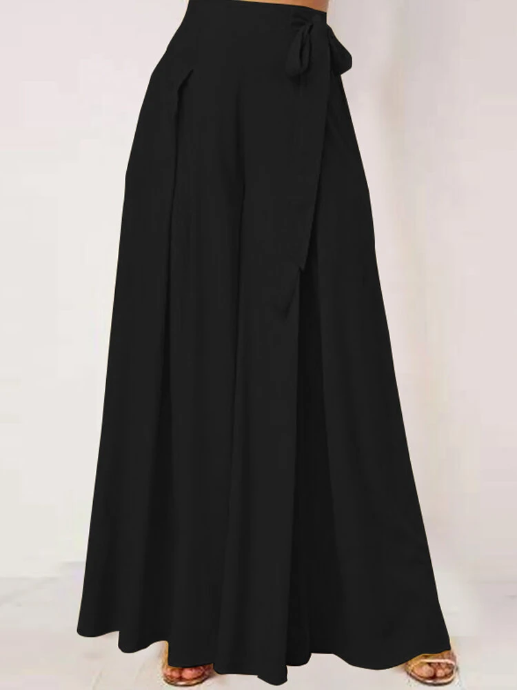 (image for) ZANZEA Women Solid Color Bowknot Pleated Loose Casual Wide Leg Pants