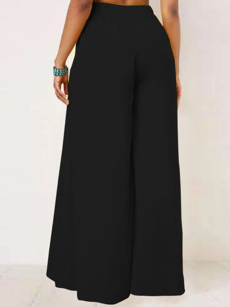 (image for) ZANZEA Women Solid Color Bowknot Pleated Loose Casual Wide Leg Pants