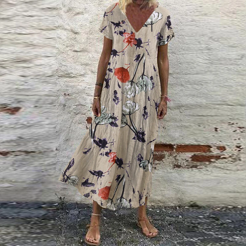 (image for) ZANZEA Women V-Neck Floral Printed Bohemian Leisure Casual Loose Dress