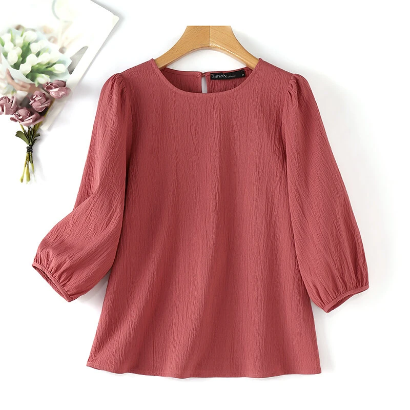 (image for) ZANZEA Women's Blouse Casual Lantern Sleeve Round Neck Shirt Plain Party Commute Pullover Tops