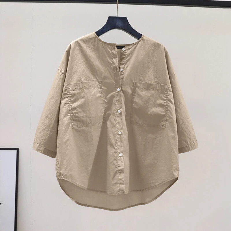 (image for) ZANZEA Womens Daily Casual Crew Neck Puff Sleeve Shirts Office Lady Button Up Solid Blouses with Pockets