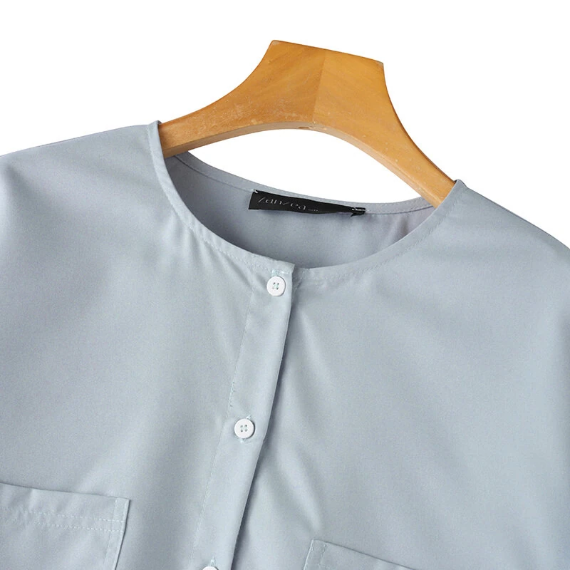 (image for) ZANZEA Womens Daily Casual Crew Neck Puff Sleeve Shirts Office Lady Button Up Solid Blouses with Pockets