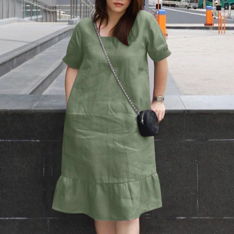 (image for) ZANZEA Women's Dresses Summer Vintage Casual Lantern Sleeve Ruffled Trim Square Neck Loose Solid Dress