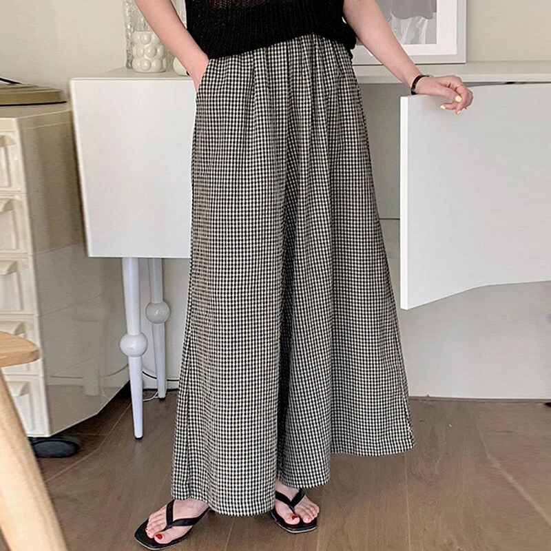(image for) ZANZEA Womens Geometric Printed Wide Leg Pants Vintage Elastic Waist Straight Pleated Trouser Loose Fit