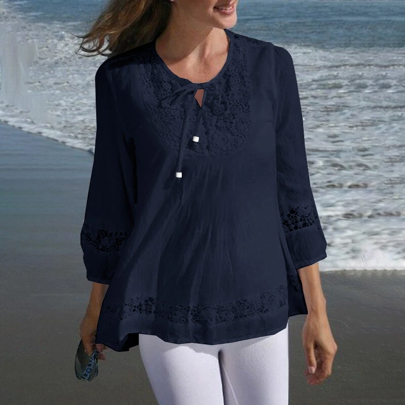 (image for) ZANZEA Women's Shirt Solid Lace Blouse Eyelet Lace Patchwork 3/4 Length Sleeve Top Summer Daily Casual Shirts