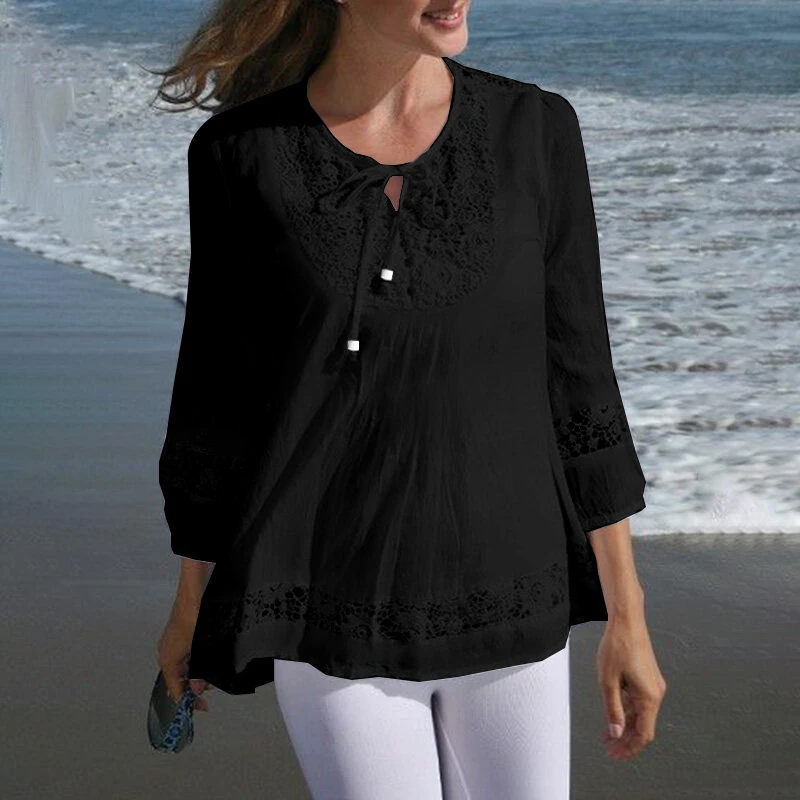 (image for) ZANZEA Women's Shirt Solid Lace Blouse Eyelet Lace Patchwork 3/4 Length Sleeve Top Summer Daily Casual Shirts