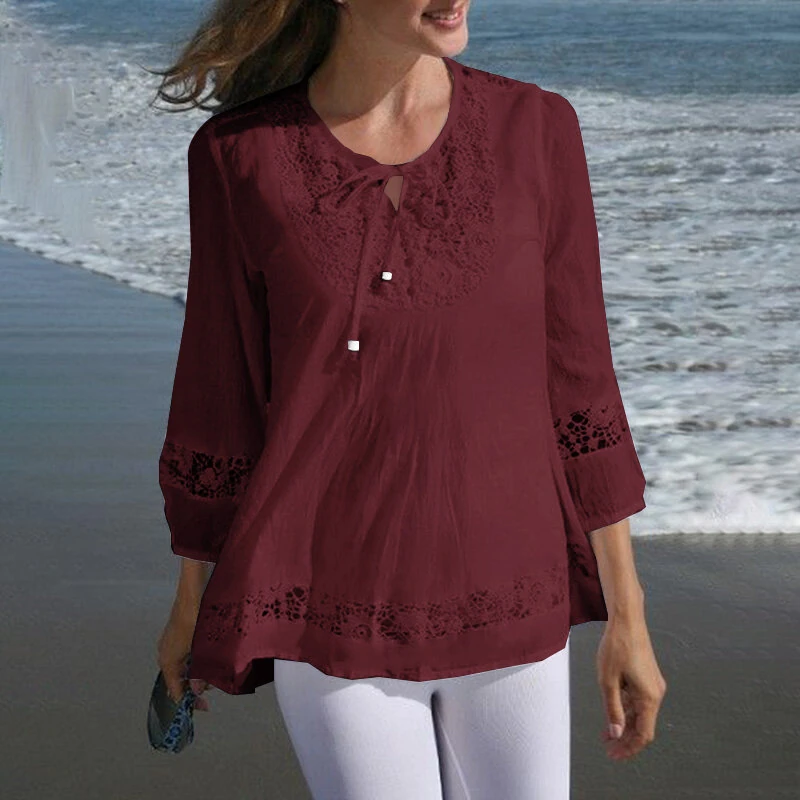 (image for) ZANZEA Women's Shirt Solid Lace Blouse Eyelet Lace Patchwork 3/4 Length Sleeve Top Summer Daily Casual Shirts