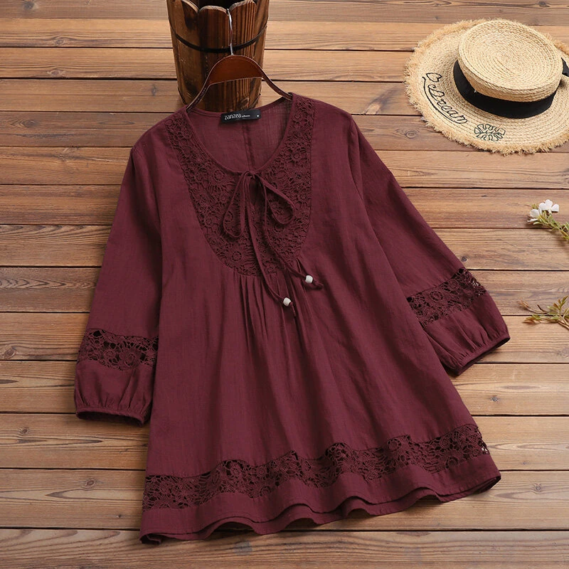 (image for) ZANZEA Women's Shirt Solid Lace Blouse Eyelet Lace Patchwork 3/4 Length Sleeve Top Summer Daily Casual Shirts