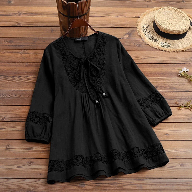 (image for) ZANZEA Women's Shirt Solid Lace Blouse Eyelet Lace Patchwork 3/4 Length Sleeve Top Summer Daily Casual Shirts