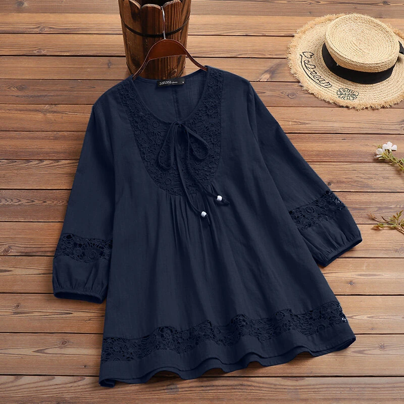 (image for) ZANZEA Women's Shirt Solid Lace Blouse Eyelet Lace Patchwork 3/4 Length Sleeve Top Summer Daily Casual Shirts